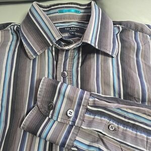 Ted Baker London Shirt Men's Size 4 L Gray Blue Striped Long Sleeve Button Up